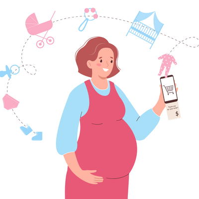 Illustration of a pregnant woman buying baby items